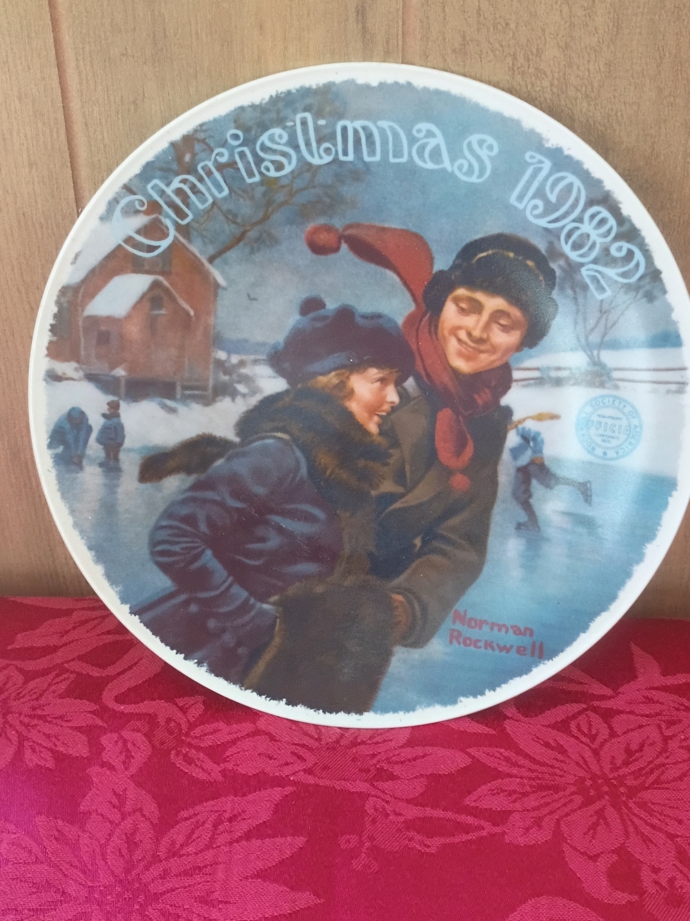 Norman Rockwell Holiday Ice Skating Plate - Blue, Red